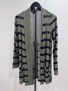 Striped Open-Front Cardigan in Olive Green and Black